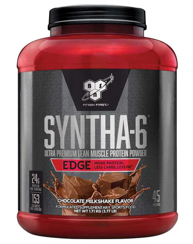 Front view of BSN Syntha-6 Edge Chocolate Milkshake protein powder 45 servings tub with branding and label