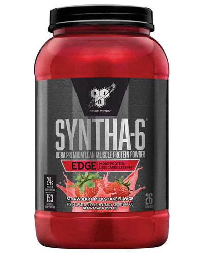 Front view of BSN Syntha-6 Edge Strawberry Milkshake protein powder 26 servings tub with branding and label