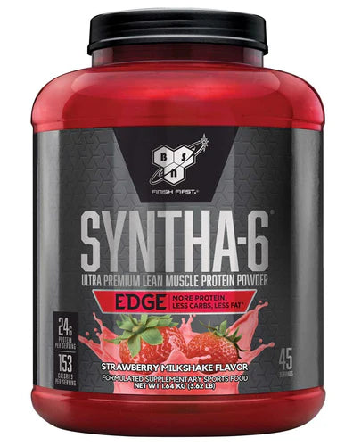Front view of BSN Syntha-6 Edge Strawberry Milkshake protein powder 45 servings tub with branding and label