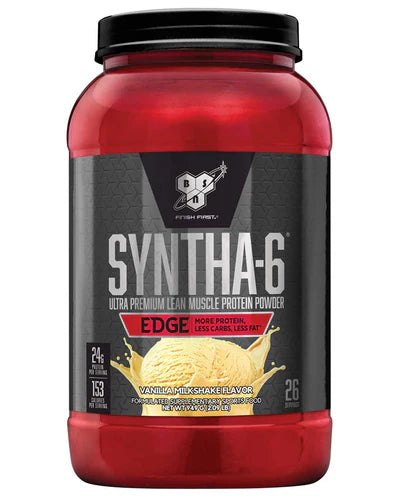 Front view of BSN Syntha-6 Edge Vanilla Milkshake protein powder 26 servings tub with branding and label