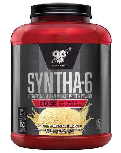 Front view of BSN Syntha-6 Edge Vanilla Milkshake protein powder 45 servings tub with branding and label
