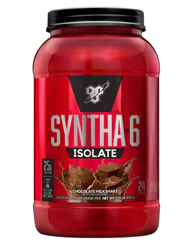 Front view of BSN Syntha-6 Isolate Chocolate Milkshake protein powder 24 servings tub with branding and label