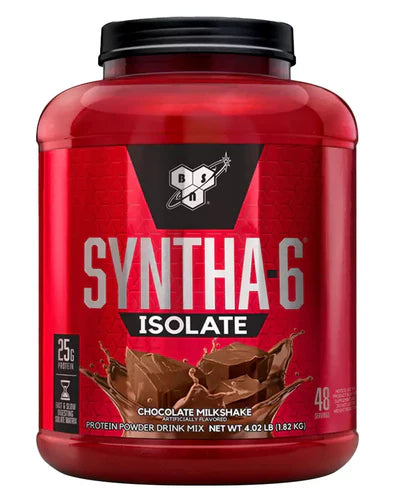 Front view of BSN Syntha-6 Isolate Chocolate Milkshake protein powder 48 servings tub with branding and label