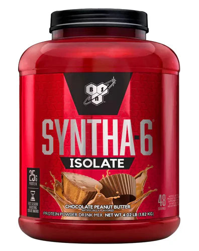 Front view of BSN Syntha-6 Isolate Chocolate Peanut Butter protein powder 48 servings tub with branding and label