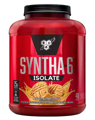 Front view of BSN Syntha-6 Isolate Peanut Butter Cookie protein powder 48 servings tub with branding and label