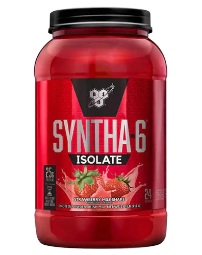 Front view of BSN Syntha-6 Isolate Strawberry Milkshake protein powder 24 servings tub with branding and label