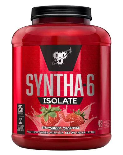 Front view of BSN Syntha-6 Isolate Strawberry Milkshake protein powder 48 servings tub with branding and label