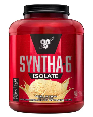 Front view of BSN Syntha-6 Isolate Vanilla Ice Cream protein powder 48 servings tub with branding and label
