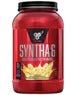 Front view of BSN Syntha-6 Banana protein powder 28 servings tub with branding and label