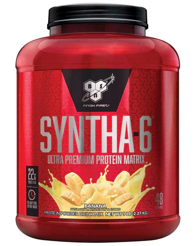 Front view of BSN Syntha-6 Banana protein powder 48 servings tub with branding and label