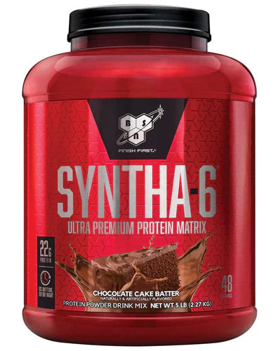 Front view of BSN Syntha-6 Chocolate Cake Batter protein powder 48 servings tub with branding and label