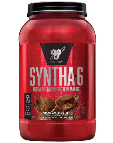 Front view of BSN Syntha-6 Chocolate Milkshake protein powder 28 servings tub with branding and label