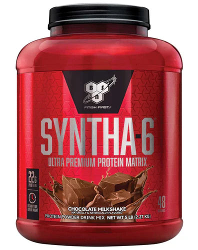 Front view of BSN Syntha-6 Chocolate Milkshake protein powder 48 servings tub with branding and label