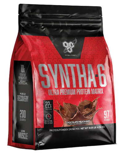 Front angled view of BSN Syntha-6 Chocolate Milkshake protein powder 97 servings bag with branding and label