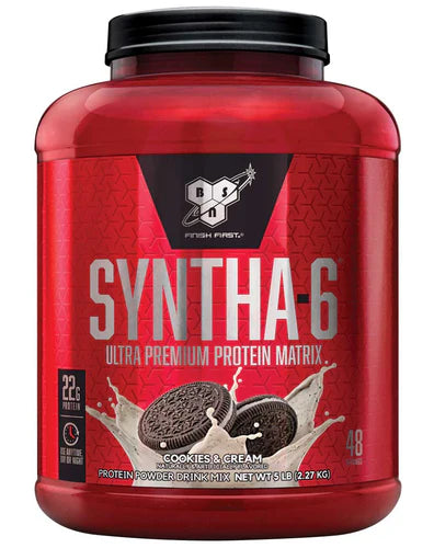 Front view of BSN Syntha-6 Cookies and Cream protein powder 48 servings tub with branding and label