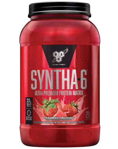 Front view of BSN Syntha-6 Strawberry Milkshake protein powder 28 servings tub with branding and label