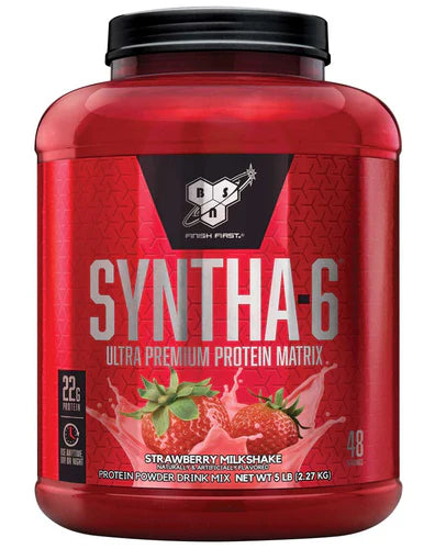 Front view of BSN Syntha-6 Strawberry Milkshake protein powder 48 servings tub with branding and label