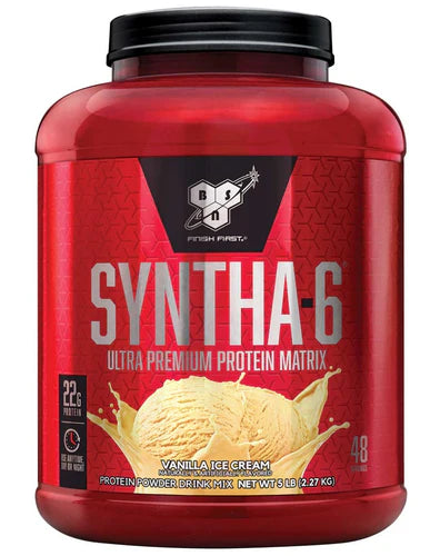 Front view of BSN Syntha-6 Vanilla Ice Cream protein powder 48 servings tub with branding and label