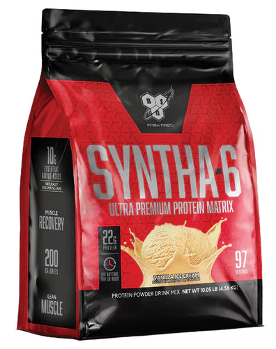 Front angled view of BSN Syntha-6 Vanilla Ice Cream protein powder 97 servings bag with branding and label