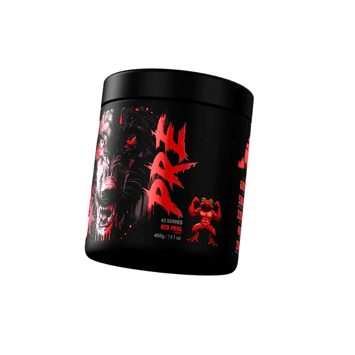 Container of Black Wolf Pre Workout supplement with a black background and red graphics.