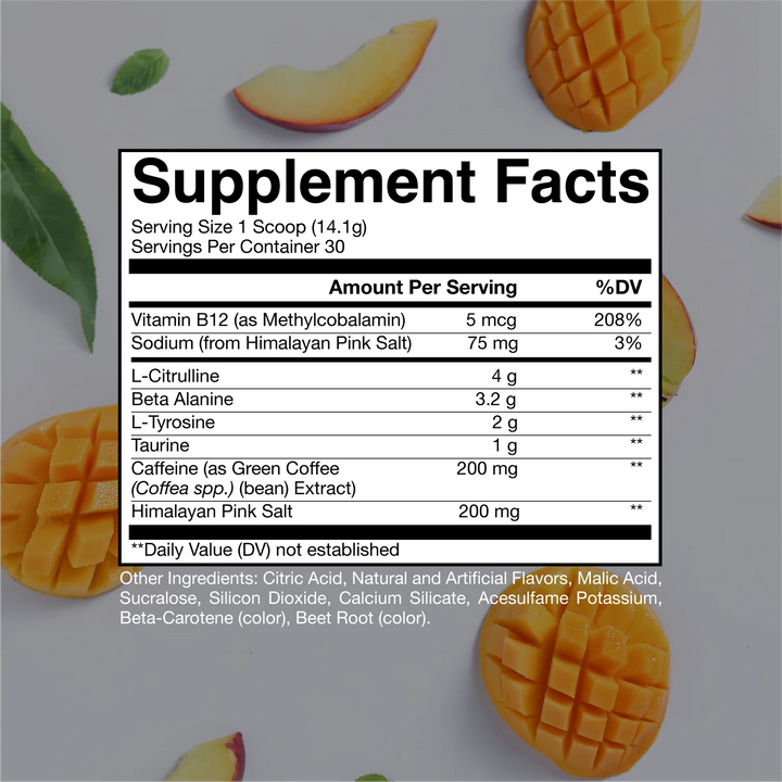CBUM Mango flavored supplement information sheet displayed on a clean white background, accompanied by fresh sliced mangoes. The bright, minimalist setup highlights the tropical flavor and clear presentation of nutritional details.