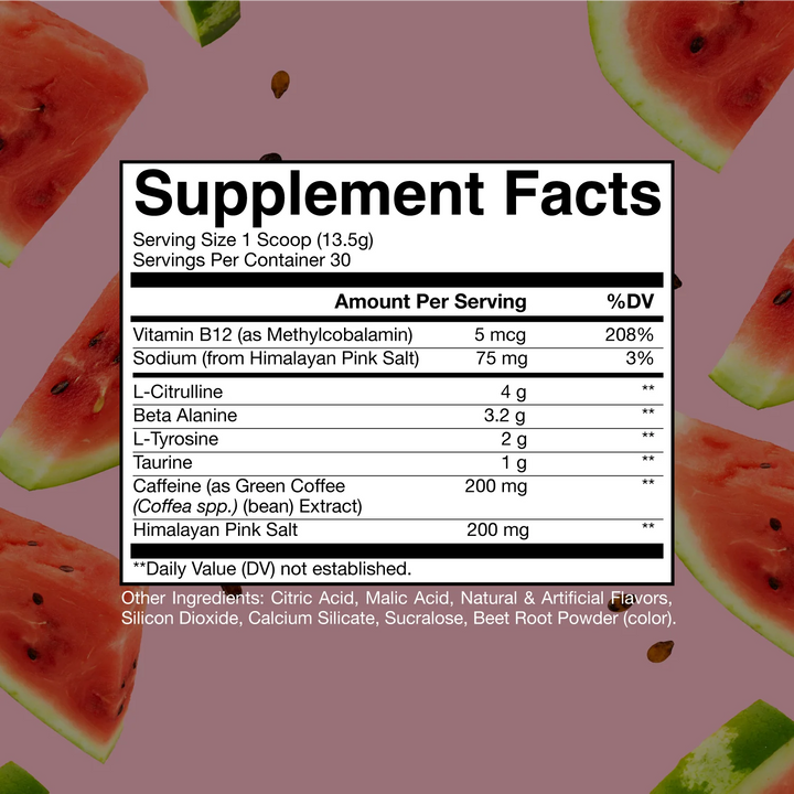 CBUM Watermelon flavored pre-workout supplement facts sheet set against a watermelon-pink background. Cleanly presented nutritional and ingredient information emphasizes clinically backed dosages and performance-enhancing formulation
