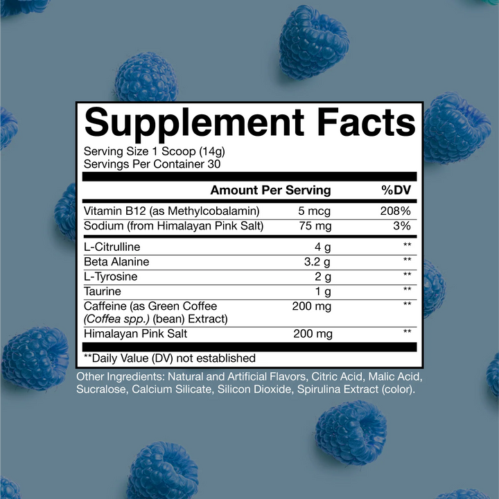 CBUM Blue Raspberry flavored supplement information sheet set against a bright, cheerful light blue background, dotted with vibrant blue raspberries scattered around. The lively composition pops with energy, reflecting the tangy and refreshing flavor profile.