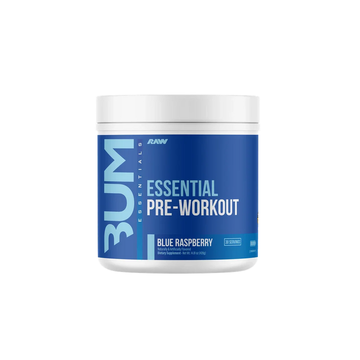 CBUM Essential Pre-Workout blue raspberry flavour tub front view with blue label design