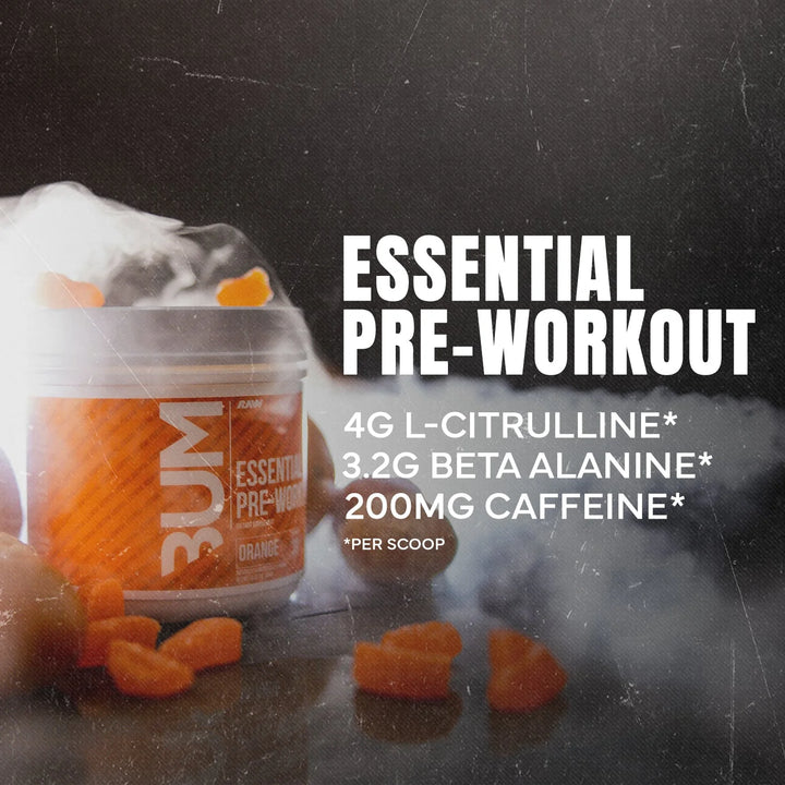 Marketing image of CBUM Essential Pre-Workout Orange tub with listed highlights 4g L-Citrulline, 3.2g Beta-Alanine, 200mg caffeine