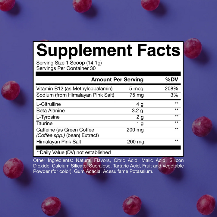 Nutrition label for CBUM Essential Pre-Workout Grape listing ingredients such as L-Citrulline, Beta-Alanine, and Vitamin B12