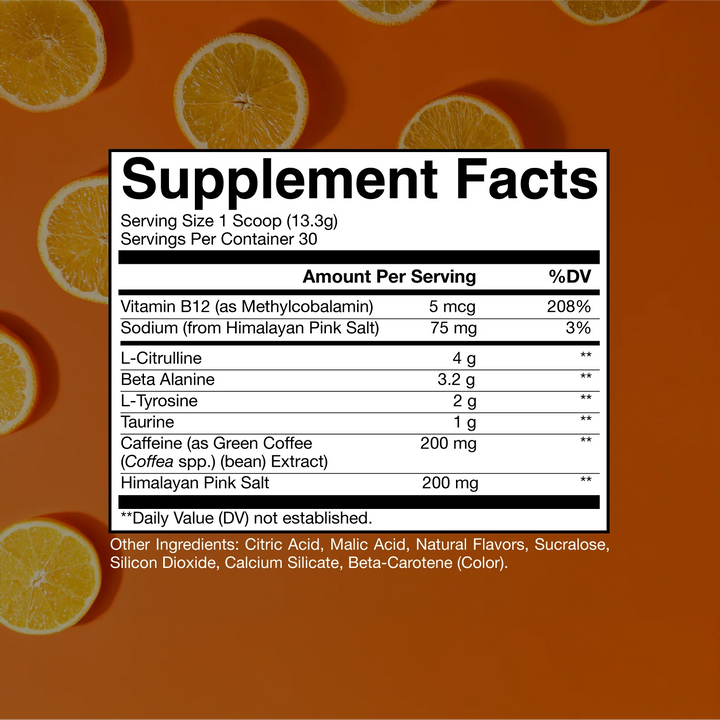 Supplement facts panel for CBUM Essential Pre-Workout Orange flavour with listed active ingredients