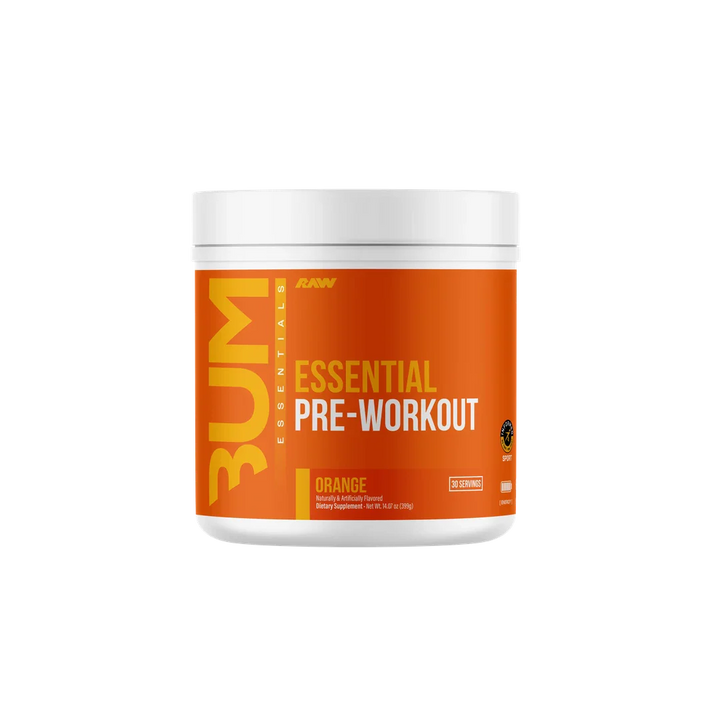 CBUM Essential Pre-Workout orange flavour tub showing orange colored label and RAW Nutrition branding