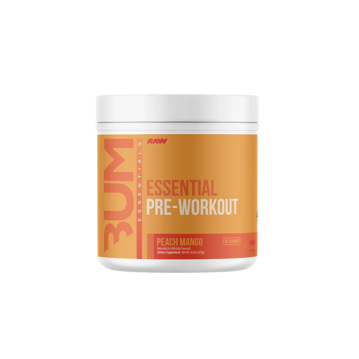 CBUM Essential Pre-Workout peach mango flavour tub front view with orange label design