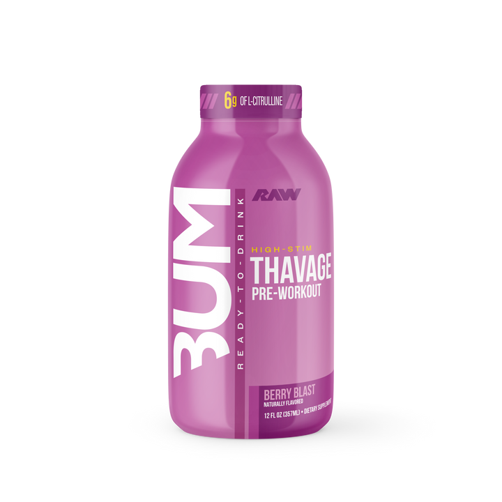 CBUM Thavage Ready-to-Drink Pre-Workout Berry Blast flavour 355mL bottle high-stim energy drink