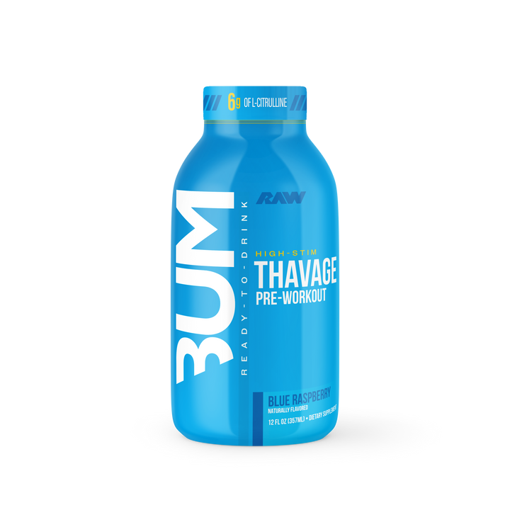 CBUM Thavage Ready-to-Drink Pre-Workout Blue Raspberry flavour 355mL bottle high-stim pre-workout