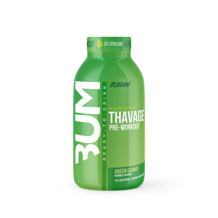 CBUM Thavage Ready-to-Drink Pre-Workout Green Gummy flavour 355mL bottle high-stim energy drink