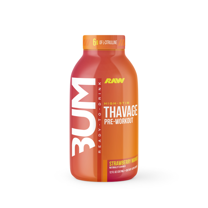 CBUM Thavage Ready-to-Drink Pre-Workout Strawberry Mango flavour 355mL bottle high-stim performance drink