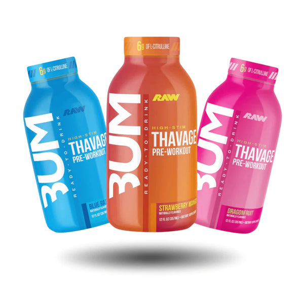 Assorted CBUM Thavage Ready-to-Drink Pre-Workout bottles in Blue Raspberry Strawberry Mango and Berry Blast flavours arranged together on white background