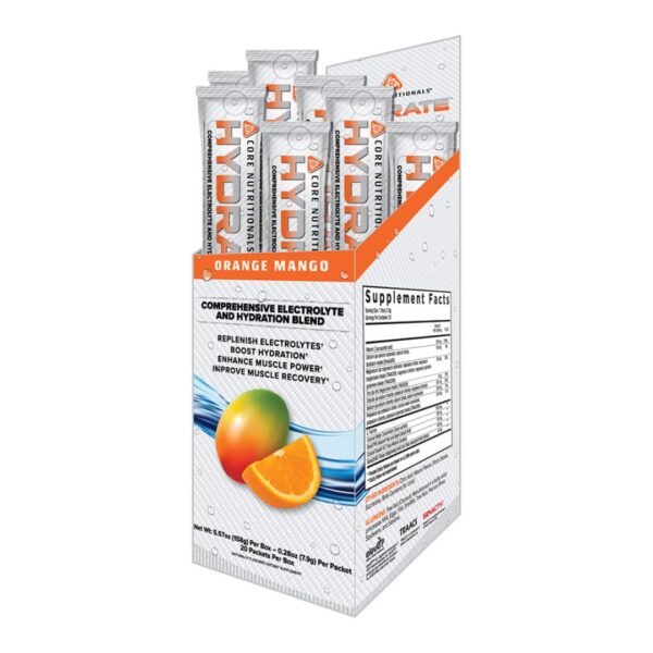 A box of Core Nutritionals CORE HYDRATE supplement packets with a orange mango flavor, featuring an illustration of an orange and a mango