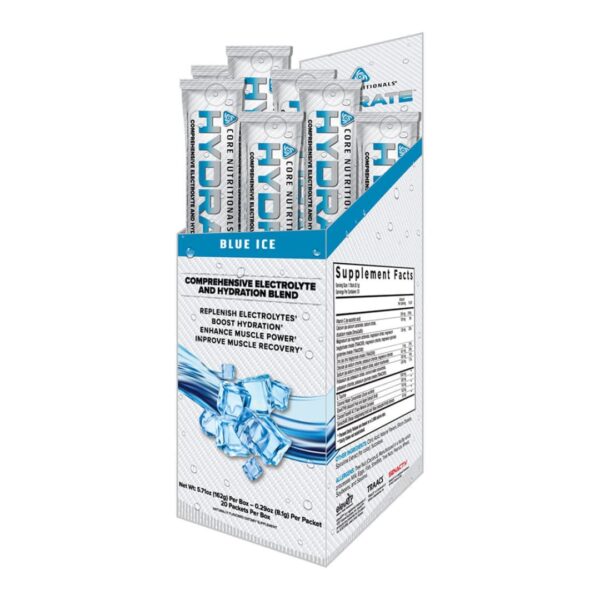 A box of Core Nutritionals CORE HYDRATE supplement packets with a blue ice flavor, featuring an illustration of an ice cube.
