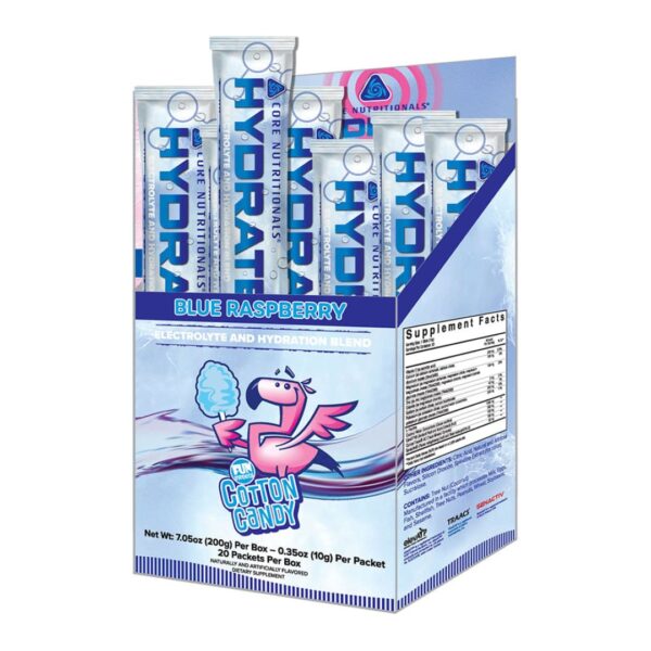 A box of Core Nutritionals CORE HYDRATE supplement packets with a blue raspberry flavor, featuring an illustration of a pink flamingo and a unicorn.