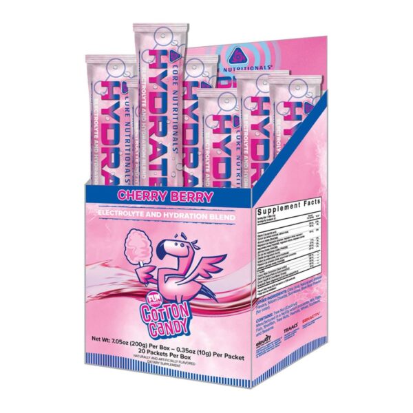 A box of Core Nutritionals CORE HYDRATE supplement packets with a cherry berry flavor, featuring an illustration of a pink flamingo 