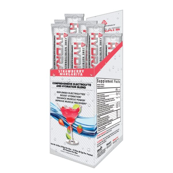 A box of Core Nutritionals CORE HYDRATE supplement packets with a strawberry margarita flavor, featuring an illustration of a pink margarita