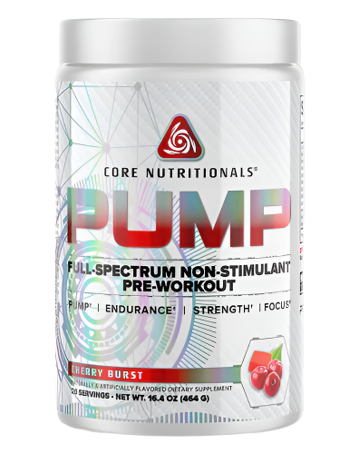 Core Nutritionals Pump Non-Stimulant Pre Workout tub featuring holographic label and cherry burst flavour on white background