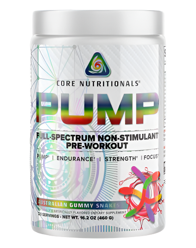 Core Nutritionals Pump Non-Stimulant Pre Workout tub featuring holographic label and Gummy Snakes flavour on white background