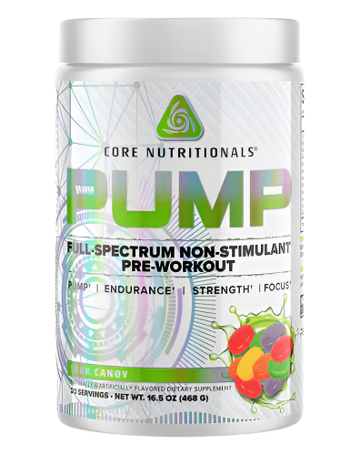 Core Nutritionals Pump Non-Stimulant Pre Workout tub featuring holographic label and sour candy flavour on white background