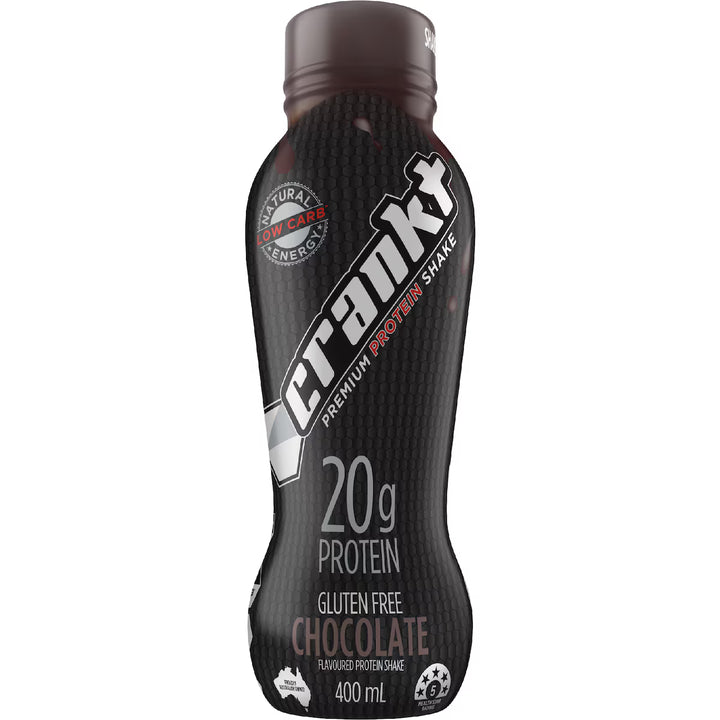 Crankt Premium Protein Shake Chocolate flavour 400mL bottle with 20g protein gluten-free low-carb ready-to-drink shake