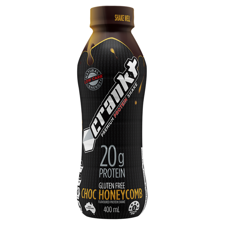 Crankt Premium Protein Shake Choc Honeycomb flavour 400mL bottle with 20g protein gluten-free low-carb ready-to-drink shake
