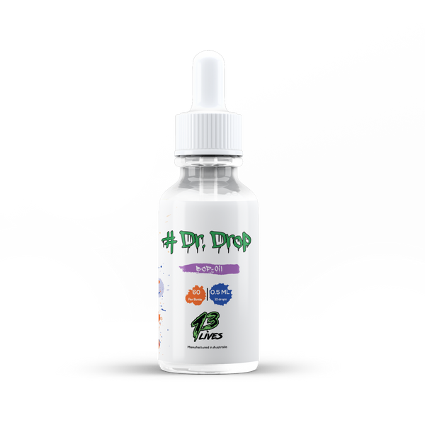Front view of 13Lives Dr Drop BCP + Myrcene Oil bottle with white label and dropper cap on plain background