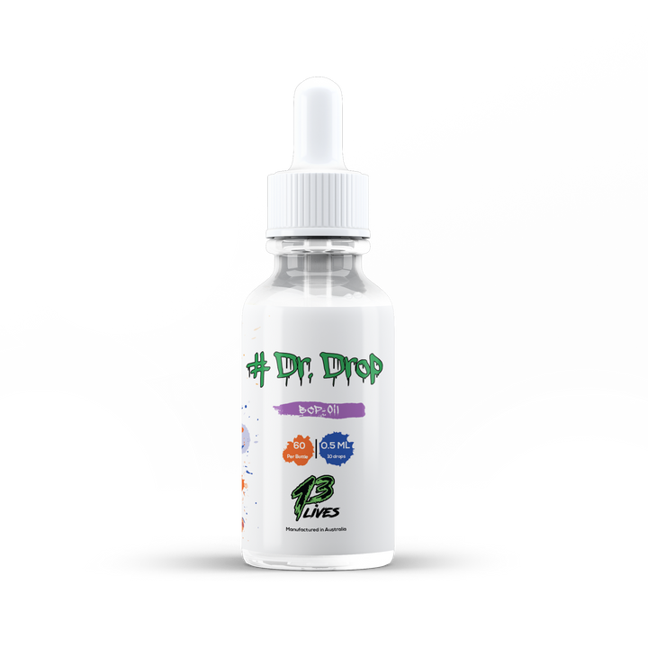 Front view of 13Lives Dr Drop BCP + Myrcene Oil bottle with white label and dropper cap on plain background